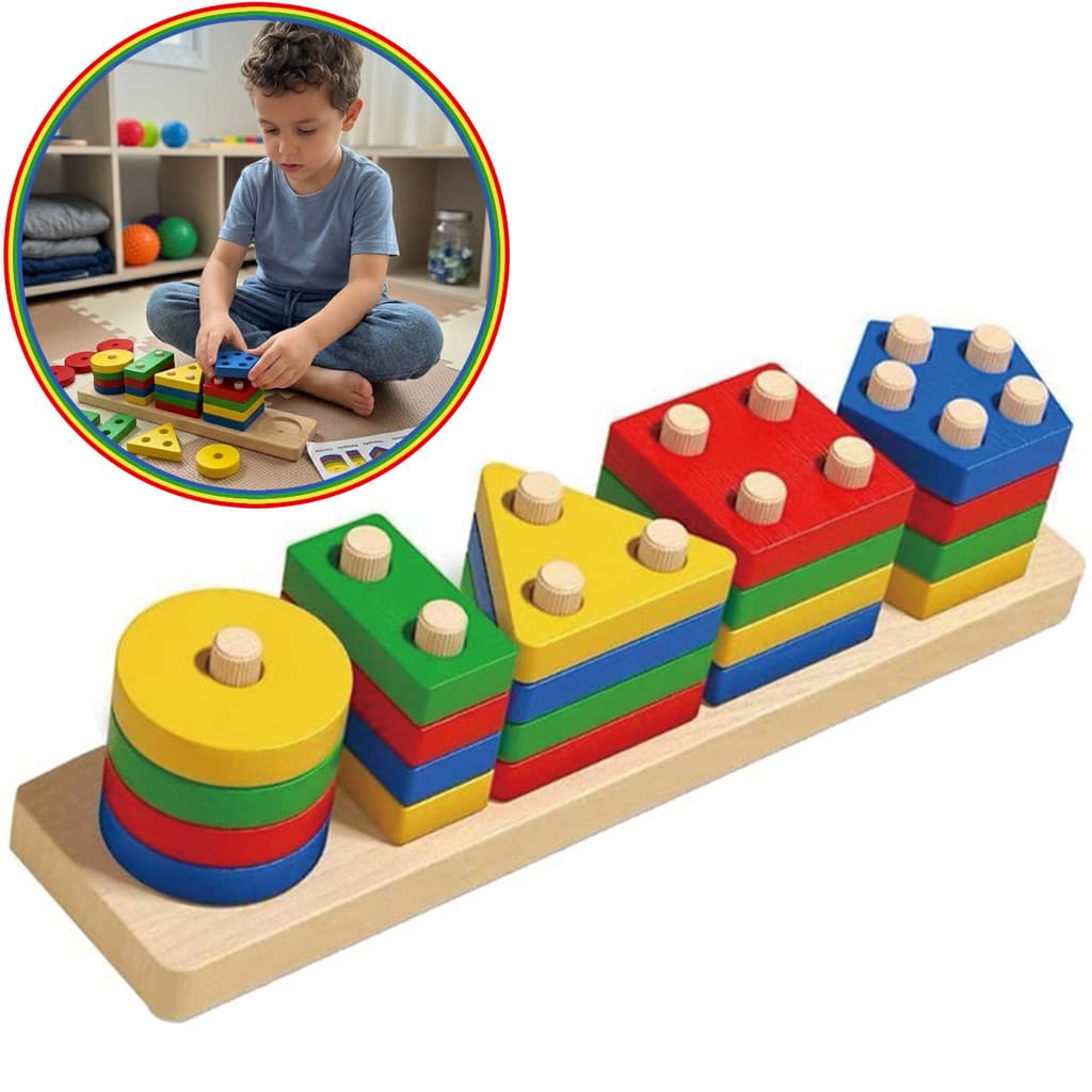 Brinquedo Pedagogico Formas Blocos Geométricas Coloridos Encaixe Divertido Madeira Educativo TEA Autismo Brinquedo