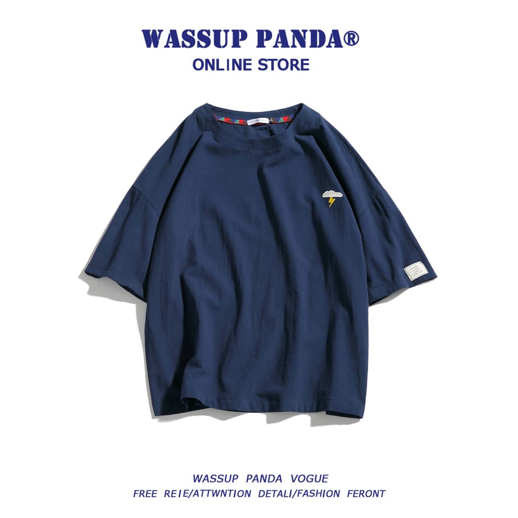 WASSUP PANDA Street Wear Simples Camiseta de Manga Curta Masculina Verão Japonês Retro Casual Solto Top Meia Manga