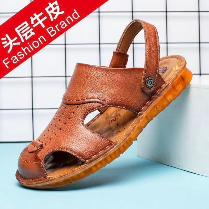 Baotou sandálias masculinas de couro genuíno antiderrapante sola de tendão de carne dupla utilização pai meia-idade idos