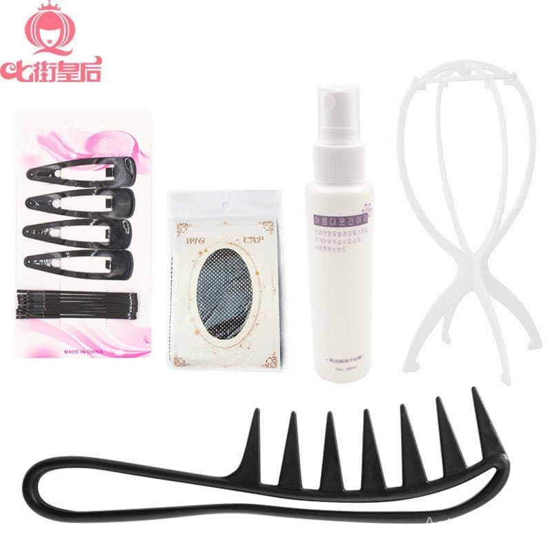 Conjunto de Cuidados para Perucas Qijie: Rede para Cabelo, Pente de Dentes Largos, Suporte, Solução de Cuidado, Clipe BB