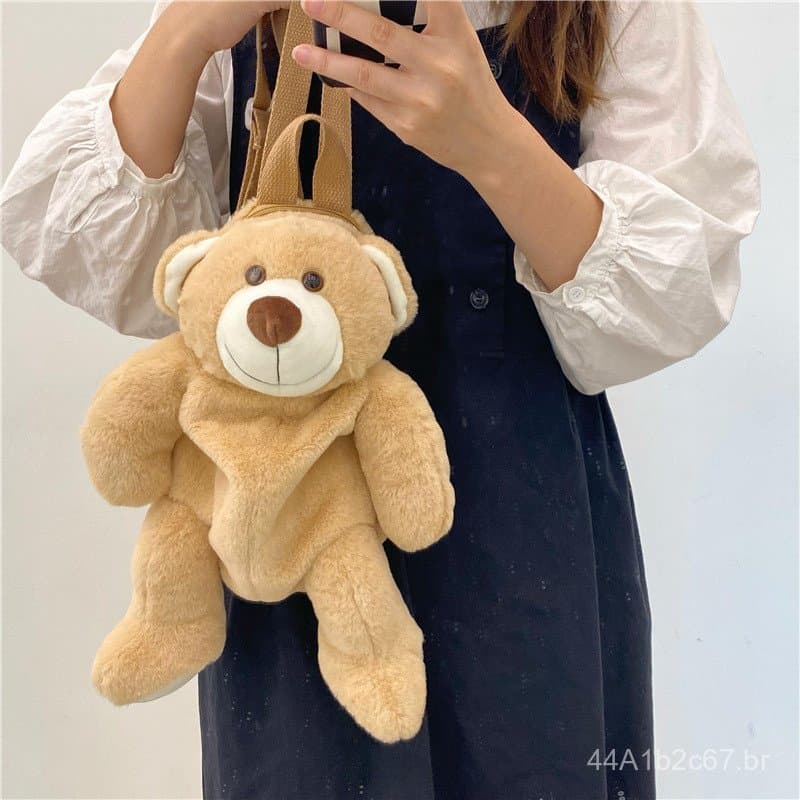 Mochila de Pelúcia de Urso Sorridente Macia e Fofa, Mochila Casual e Personalizada com Personagem de Desenho Animado, Bo
