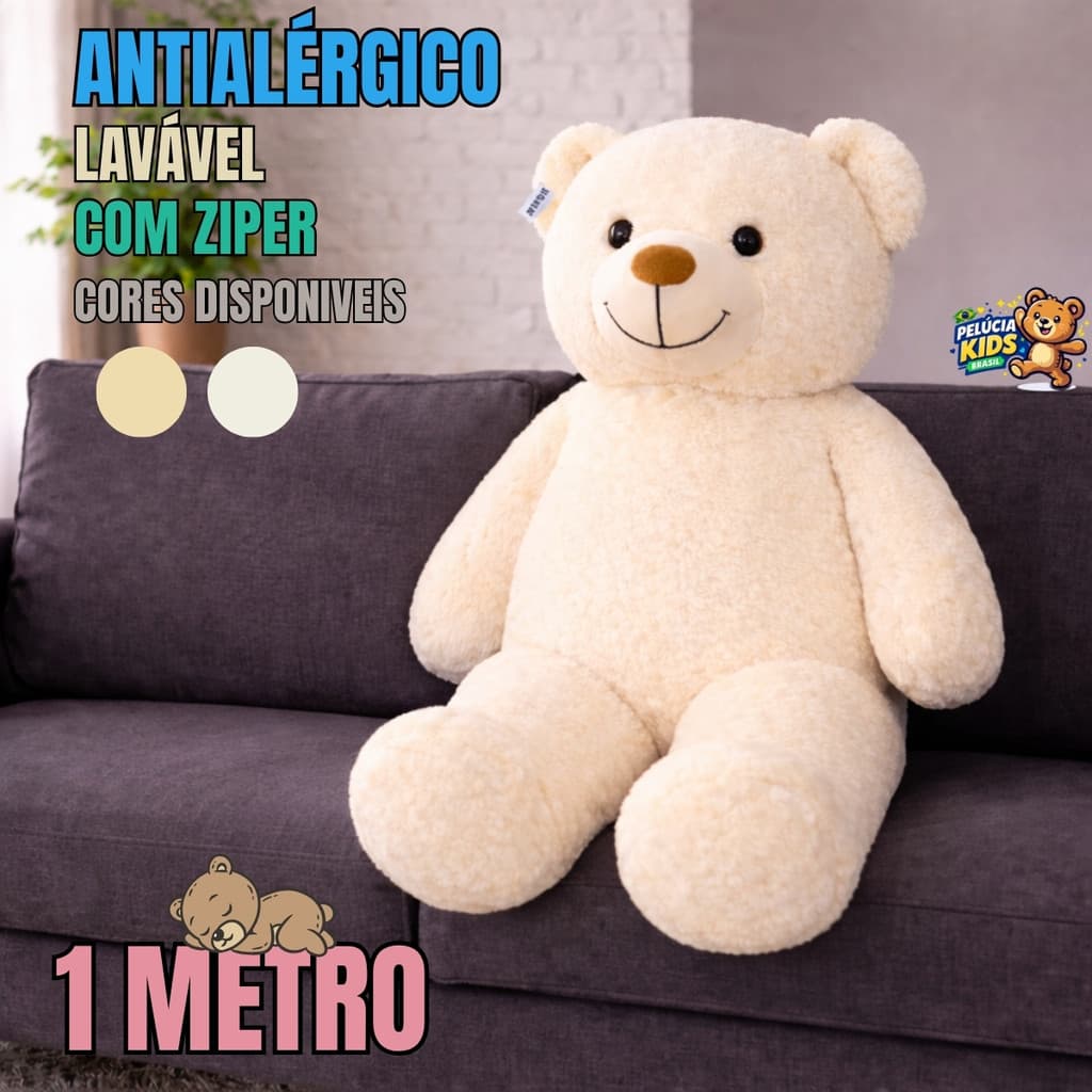 Urso de Pelúcia Gigante 1m – Antialérgico, Lavável e com Zíper