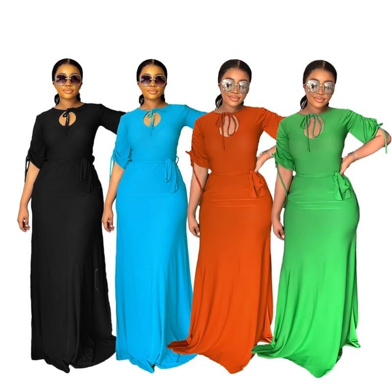 9886 Vestido feminino de saia longa com cordão e manga média de cor sólida temperamento com fenda alta