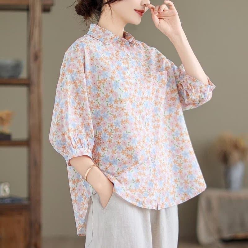 Japonês Mori feminino novo estilo Pastoral Floral impressão solta grande versão senhoras meados de manga Cardigan camisa