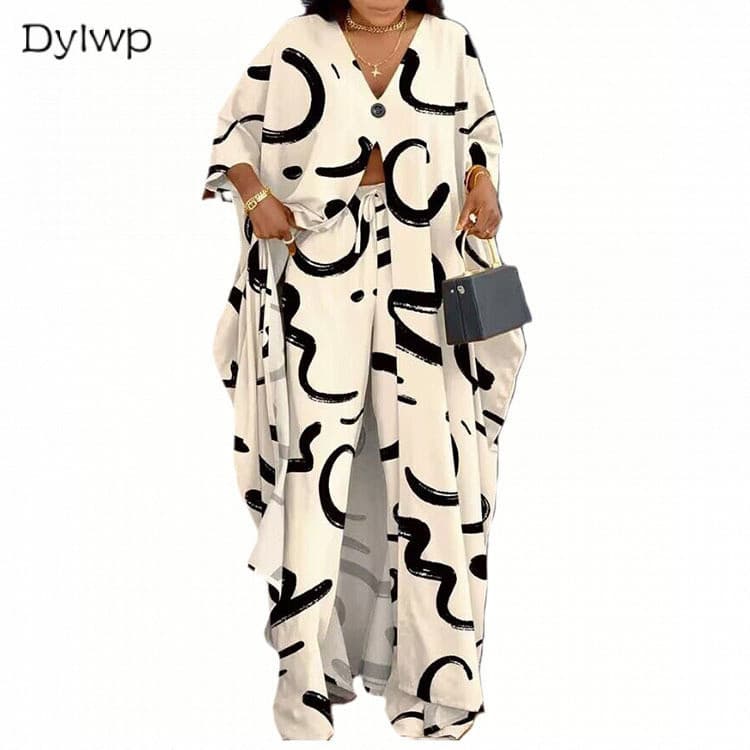Dylwp Conjuntos Femininos Com Decote Em V E Botão Estampado Tops Longos Calças Cordão Conjunto Solto De Duas Peças