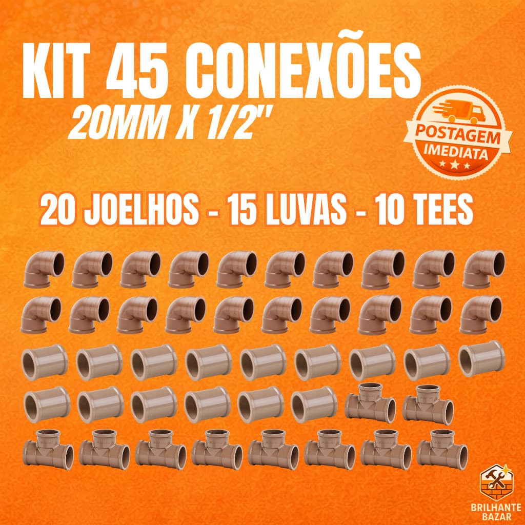 Kit 45 Conexão Pvc 20mm 1/2" Hidraulico Soldavel Agua Fria 20 Joelho 15 Luva 10 Tee Alta Qualidade