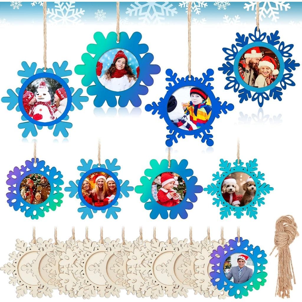 Thyle 12 Peças Kits de Artesanato para Molduras de Natal, Ornamentos de Floco de Neve de Madeira DIY, Molduras para Foto