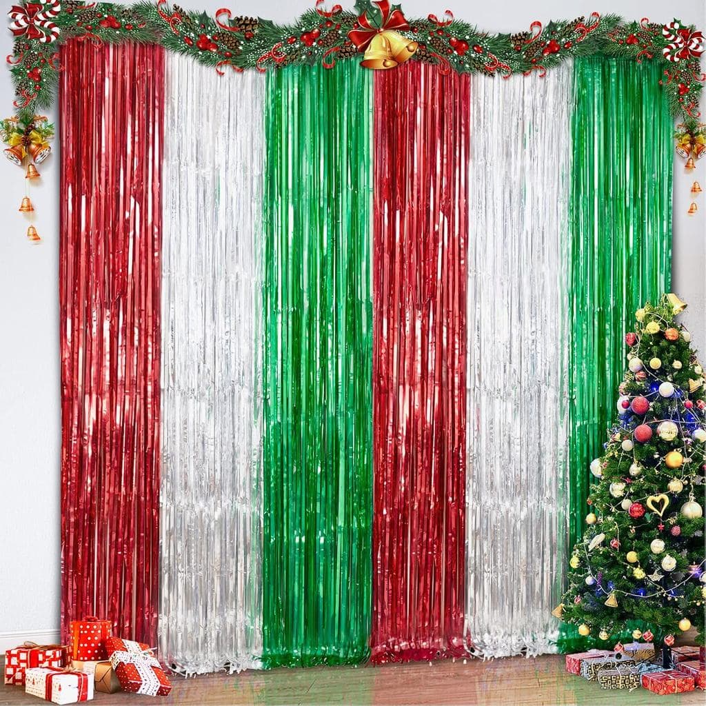 Pacote com 3 Cortinas de Franjas de Papel Metalizado para Natal, Vermelho, Prata e Verde, para Cenário de Fotos em Festa