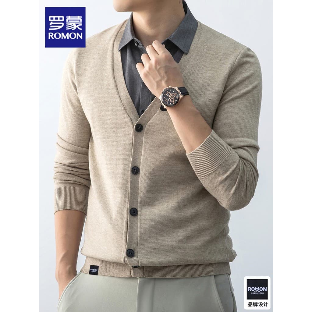 Lomon falso dois Cardigan de malha masculino 2026 novo estilo outono inverno negócios Casual camisa gola camisola camisa
