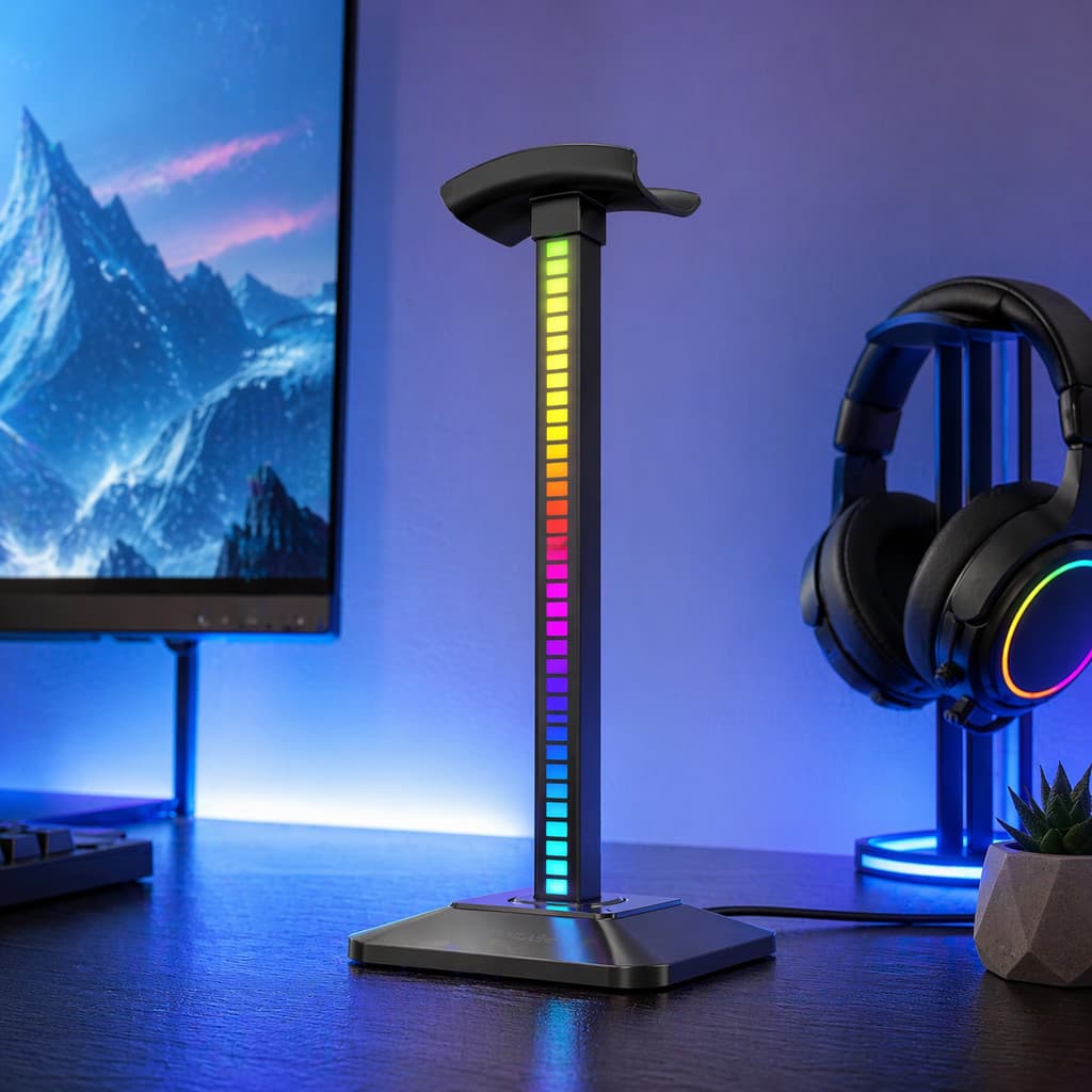 Suporte de Mesa para Headphone com Luz Ambiente RGB ao Som 10 Modos LED para PC Notebook LE-198