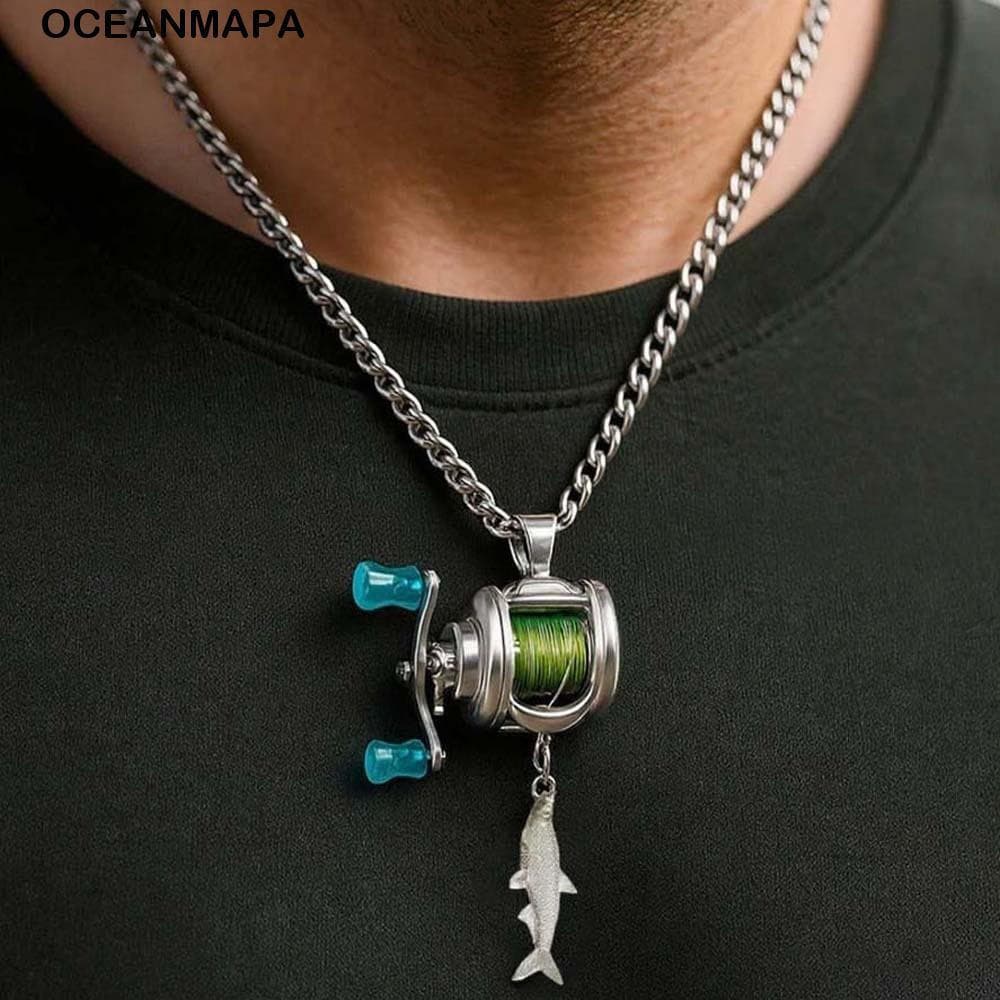 Colar De Carretel De Pesca OCEANMAPA , Anel Giratório De Luxo , Pingente De Prata Requintado Pescoço Masculino