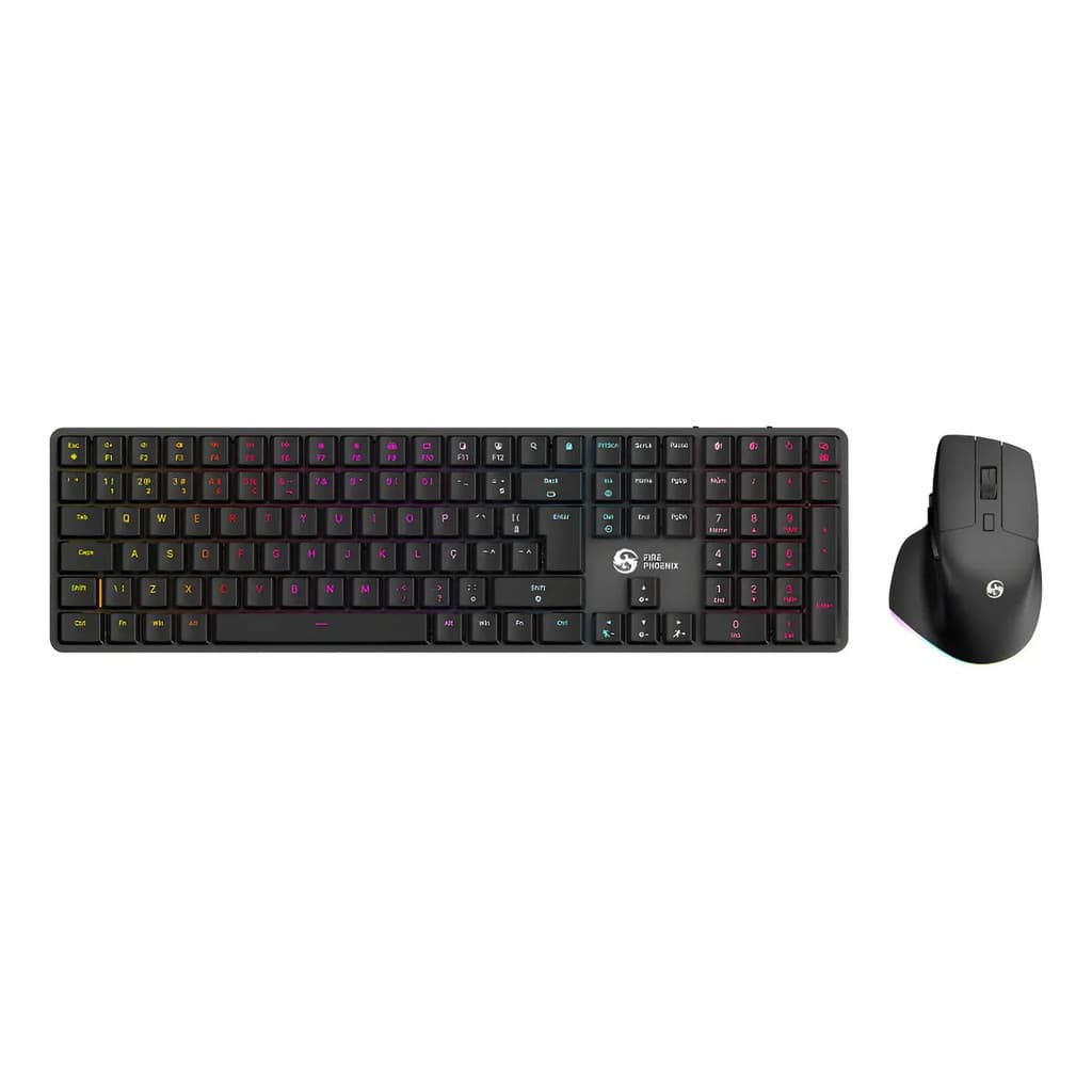 Kit Teclado E Mouse Sem Fio Bluetooth Switch Red Abnt2 Português Brasil Recarregável Fire Phoenix Bk-11 Preto