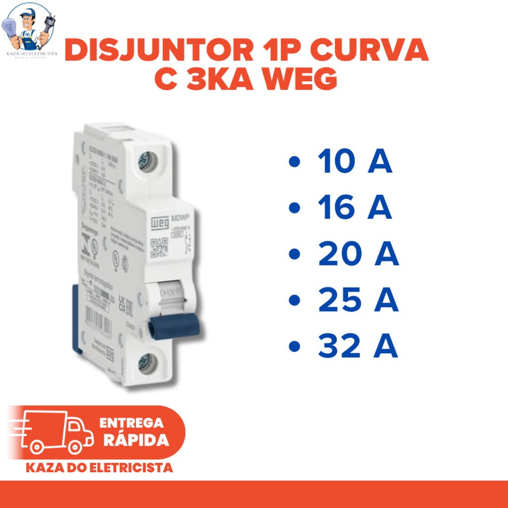 KIT C/2 Disjuntor Monopolar 1P Curva C 3kA WEG 10A 16A 20A 25A 32A