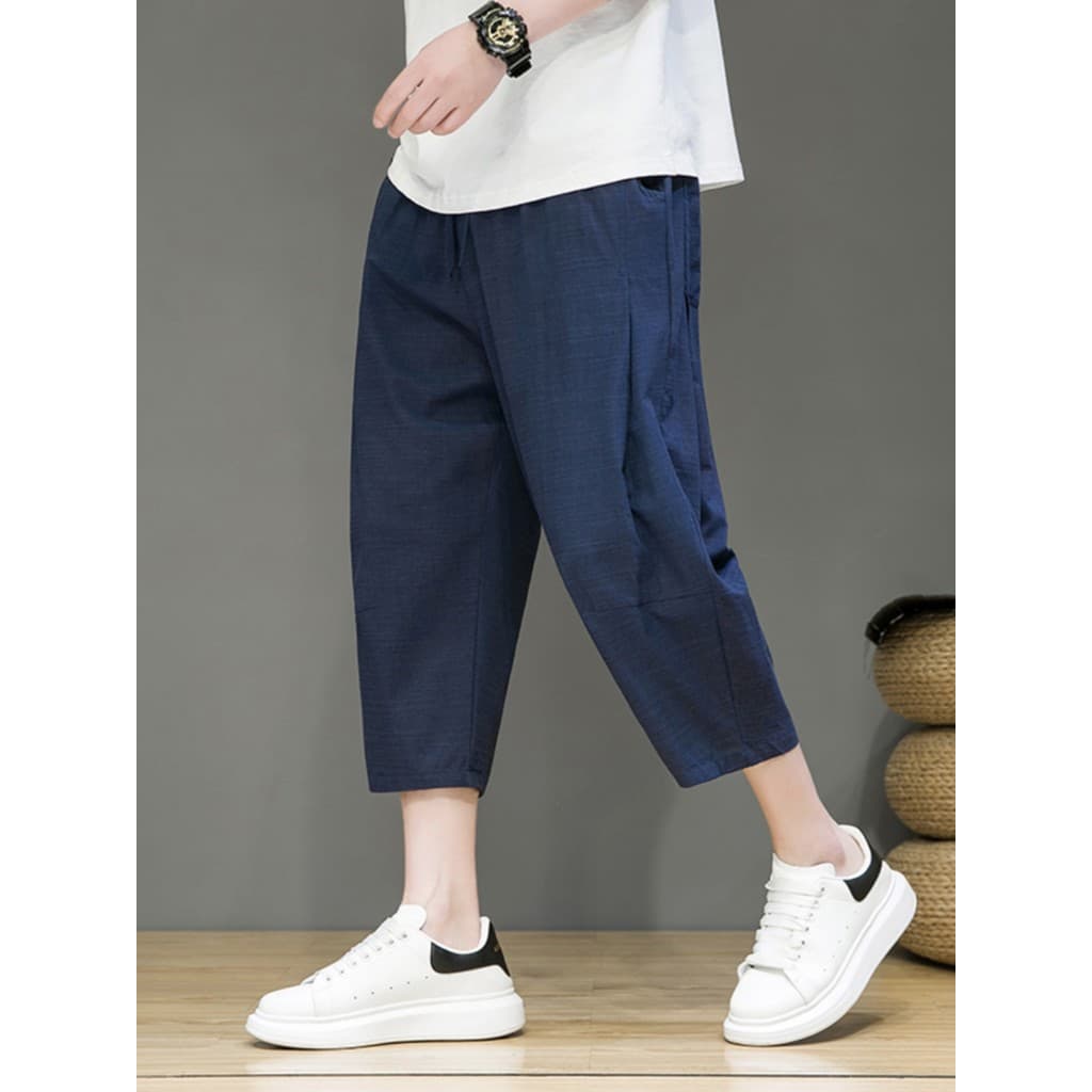 Calças casuais masculinas estilo chinês algodão linho estilo fino cor sólida calças cortadas verão solto em linha reta c