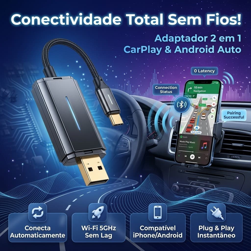 Adaptador Carplay Sem Fio E Android Auto Wireless 2 Em 1 Usb 5ghz Wifi Universal Bluetooth Para Carro Plug And Play