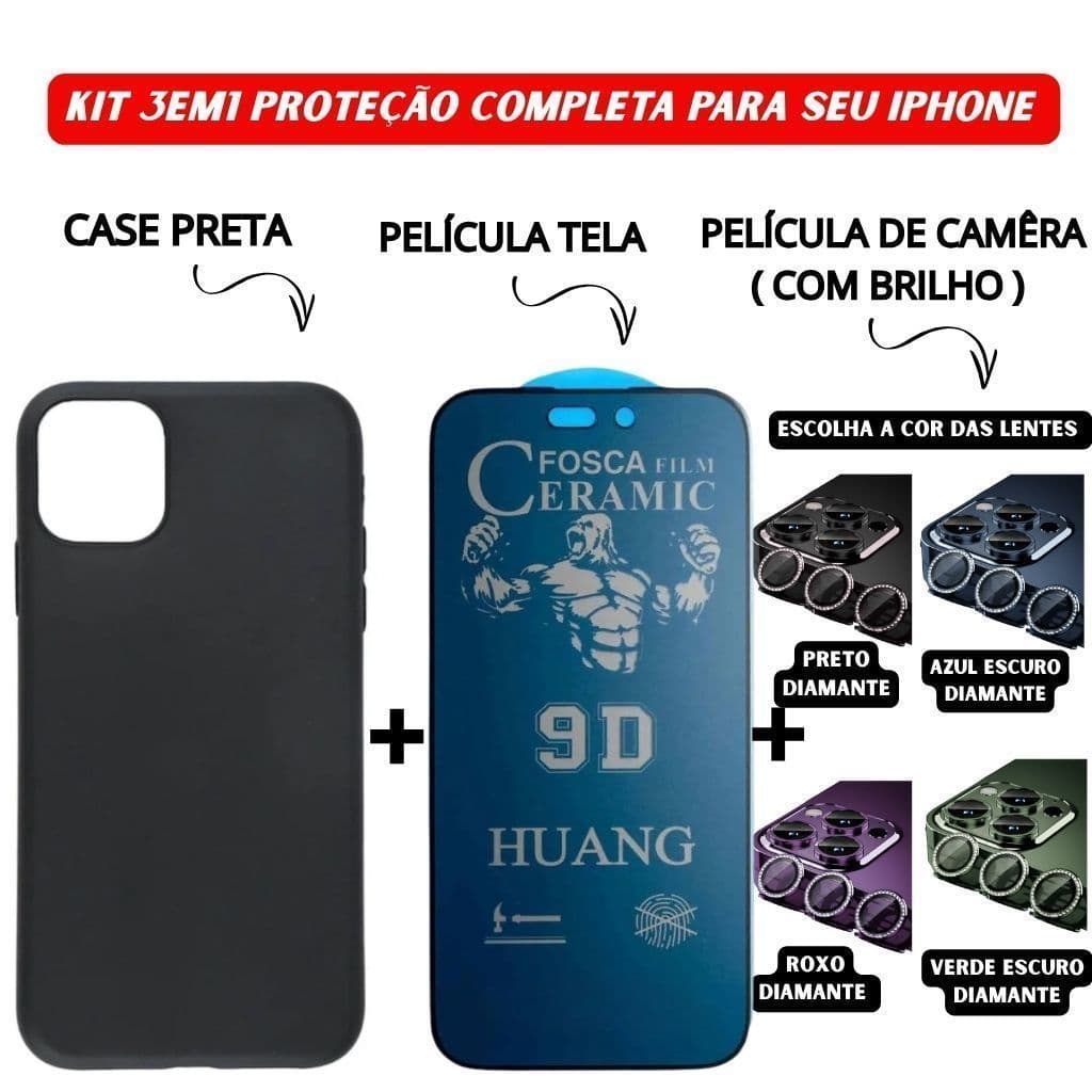 Kit Case Preta + Película Cerâmica Fosca Privacidade + Película Câmera Diamante iPhone 11 12 13 14 15 16 Pro Max - CS