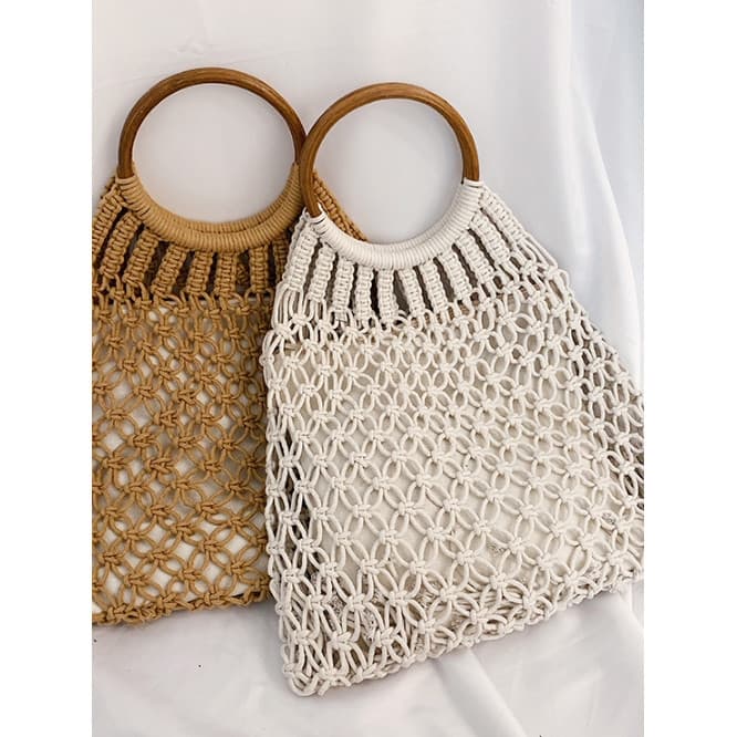 Fio de algodão tecido saco feminino novo estilo Rattan alça portátil saco líquido oco estilo Pastoral Fishnet saco féria