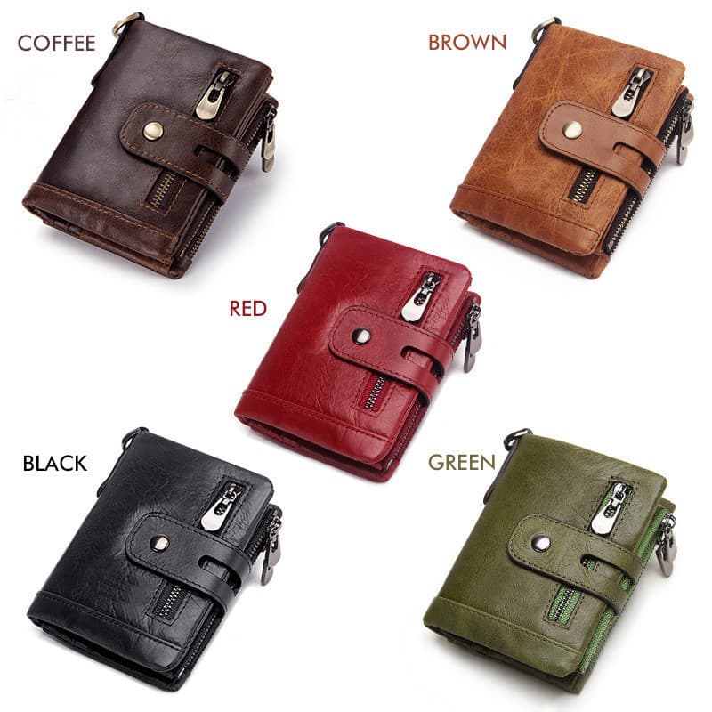Carteira Masculina de Couro de Vaca com RFID, Carteira Bifold Antifurto, Nova Carteira de Couro Vintage Masculina com Zí