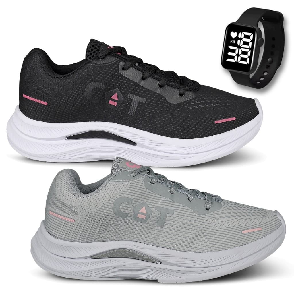 Kit 2 Tênis Feminino Catboots High Academia Corrida Caminhada + Relógio Led
