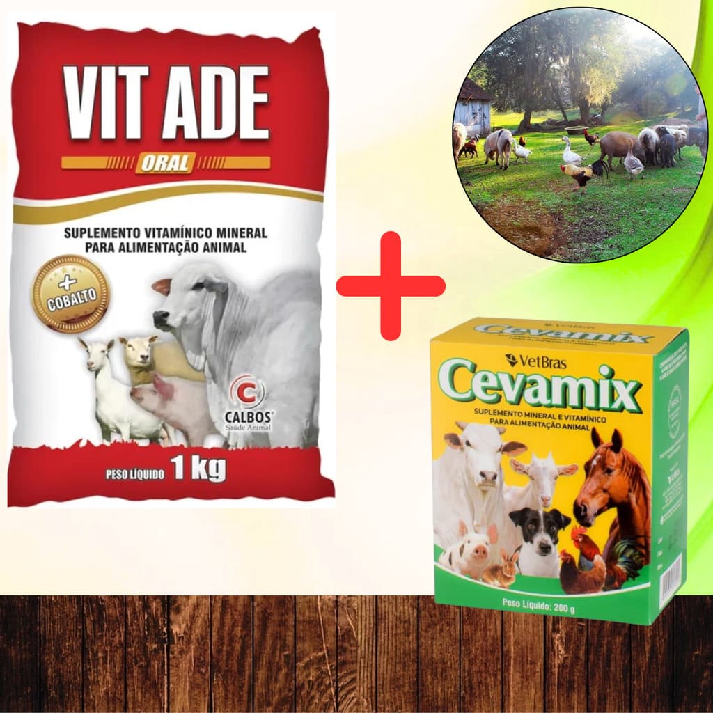 VIT ADE 1kg e CEVAMIX 200g Suplemento fortalecedor Mineral Vitamínico p/ Massa e Peso Animal pets