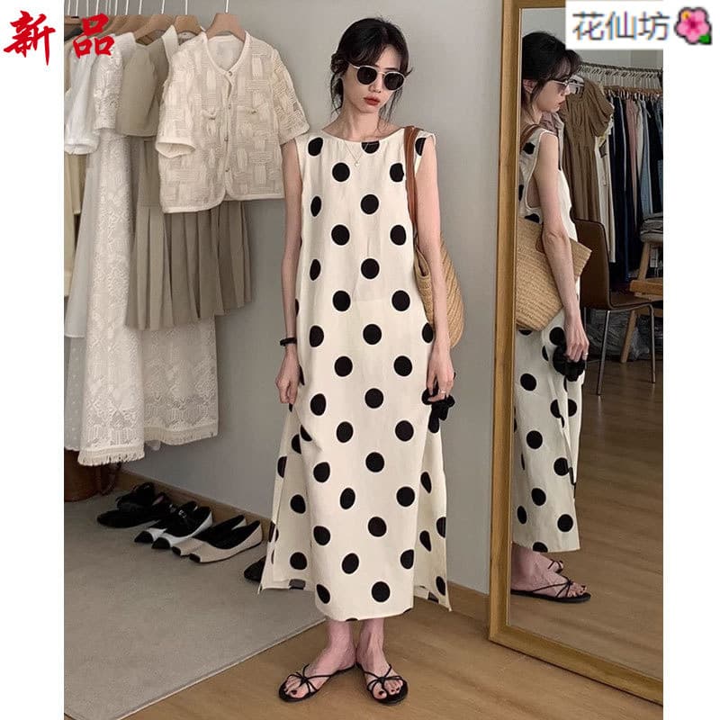 {Novos produtos} Vestido de bolinhas da moda japonesa de verão estilo férias à beira-mar tamanho grande frente única ves