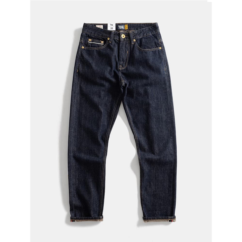Retro puro algodão outono orelha vermelha Denim Jeans retos japonês solto lavado Casual calças compridas Street Wear
