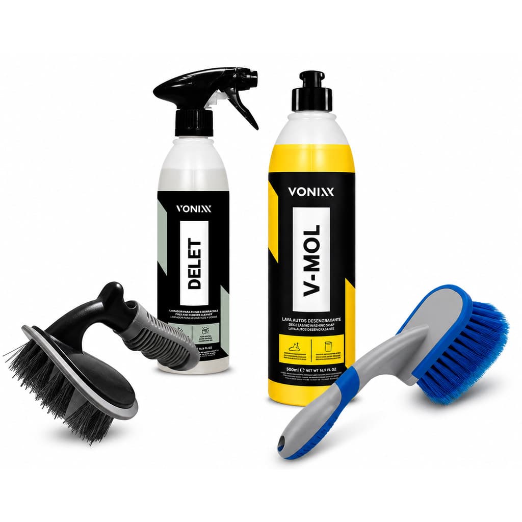 Kit Limpeza Automotiva Delet V-Mol Escovas Pneu Roda Carros e Motos