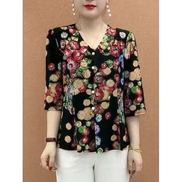 Roupas para mães idosas de meia-idade, verão, estilo chinês, gola de boneca, seda gelada, manga média, camisa pequena, m