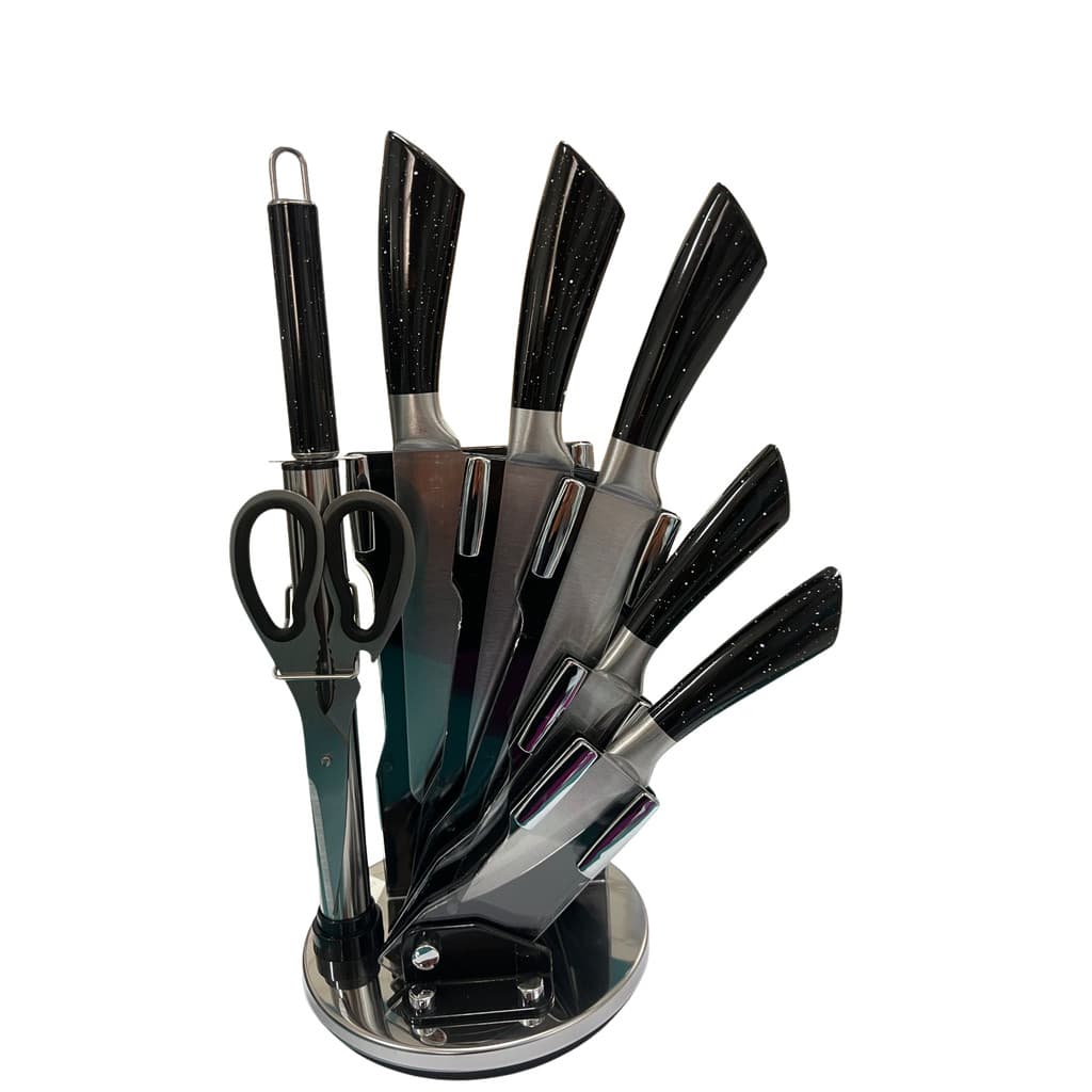 CONJUNTO DE FACAS 8 PEÇAS COM SUPORTE GIRATÓRIO - AÇO INOXIDÁVEL DE ALTA QUALIDADE - PRETO