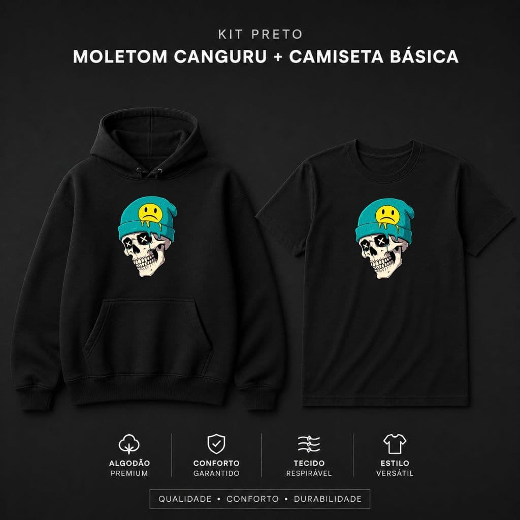 Kit Completo Moletom + Camiseta Estampa Skull Urbano Hype Casual Unissex