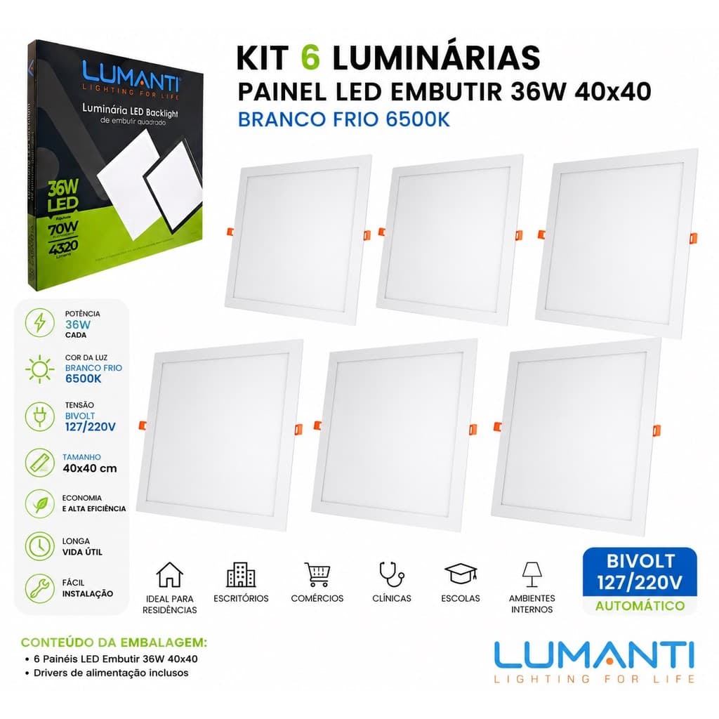 Kit 6 Lumaria Plafon Painel Led Embutir 36w 40x40 Branco Frio 6500k Bivolt 127/220v Lumanti