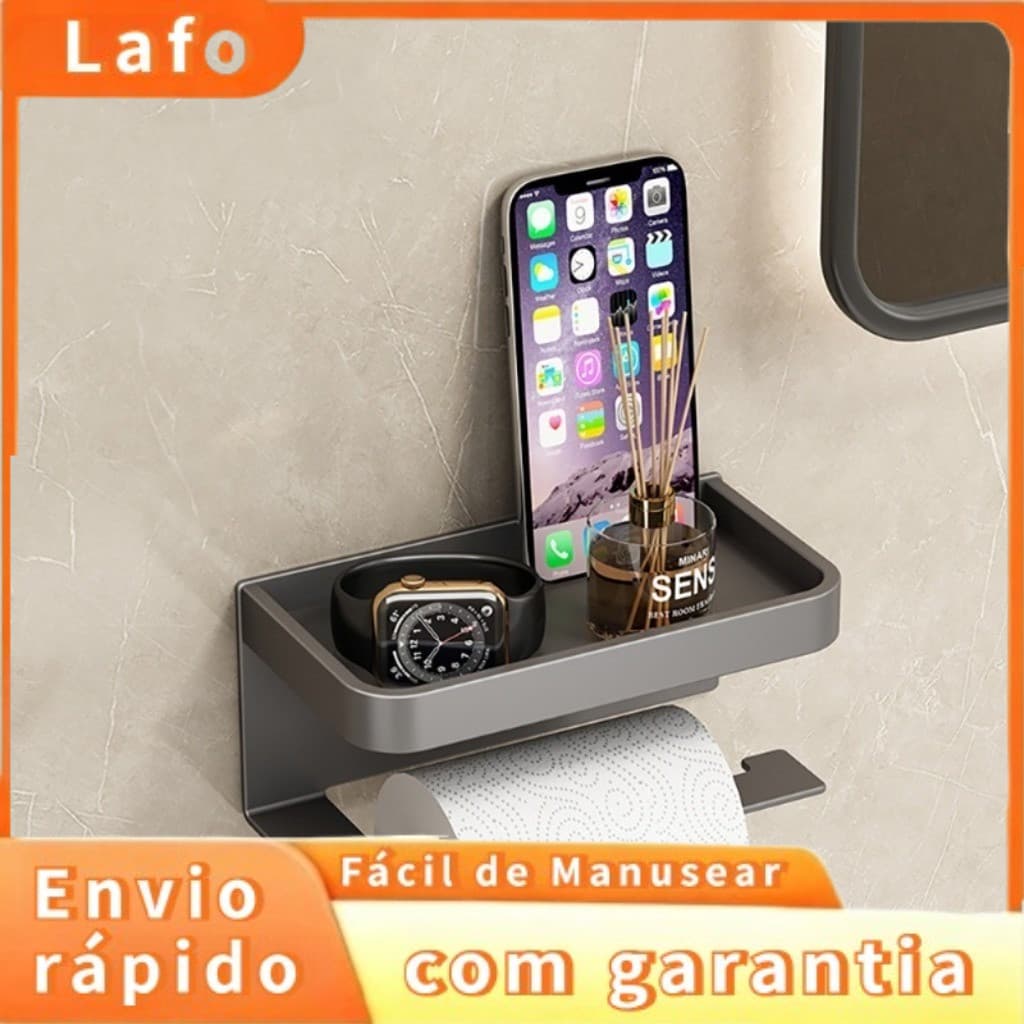 Suporte de papel higiênico preto com suporte para telefone Suporte para tecido pegajoso