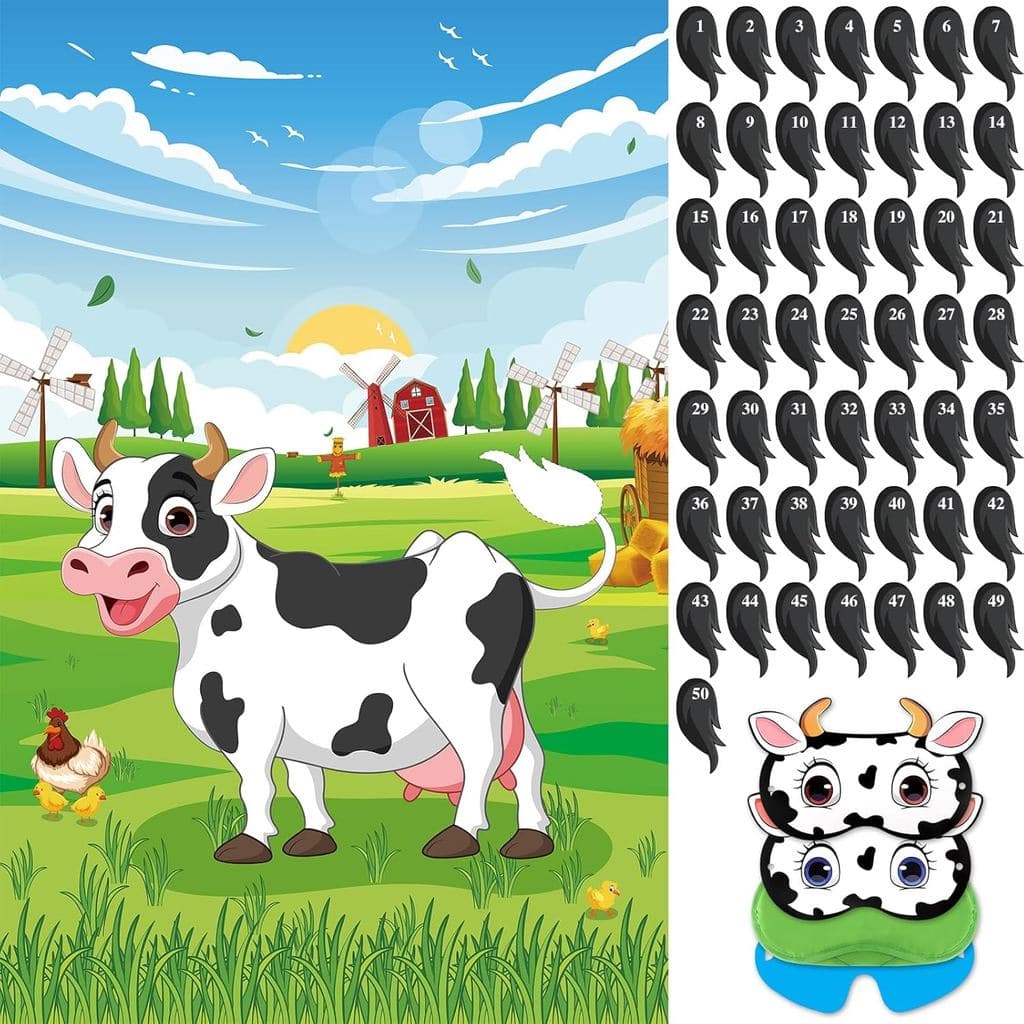 Jogo de Encaixar a Cauda na Vaca Hxezoc com 50 Caudas, Pôster Grande de Jogos de Festa com Tema de Vaca para Aniversário