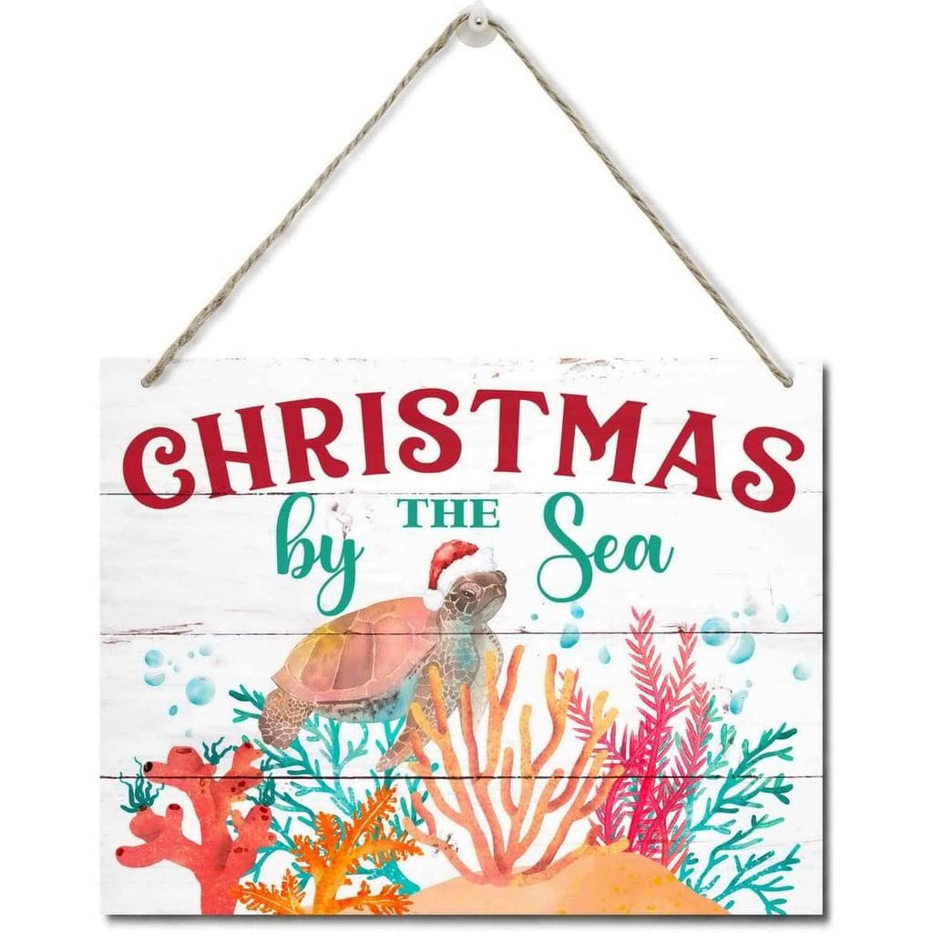 Placa de Madeira para Pendurar na Porta com Tema de Natal na Praia, "Natal à Beira-Mar", Placa de Feliz Natal, Decoração