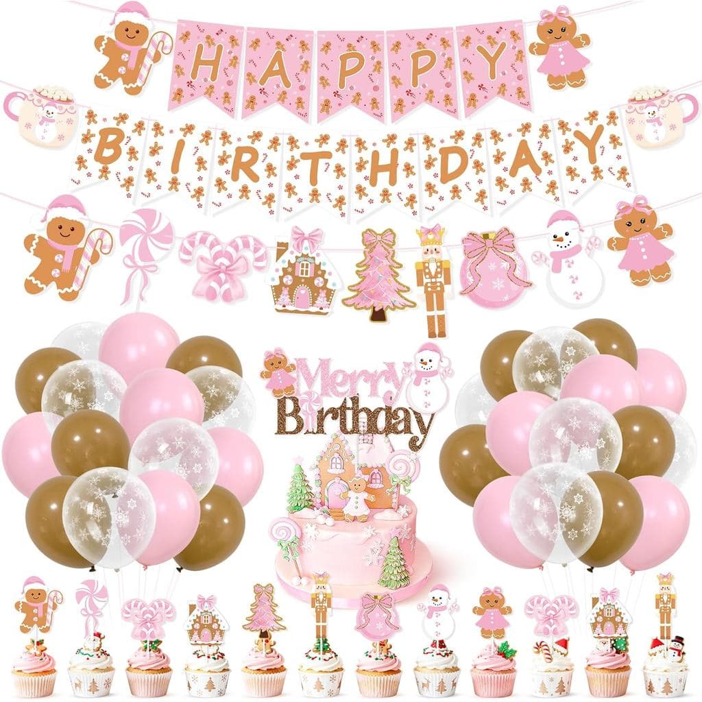 Decorações para Festa Temática do Homem de Gengibre Rosa K KUMEED, Faixa de Feliz Natal e Aniversário, Caneca de Chocola