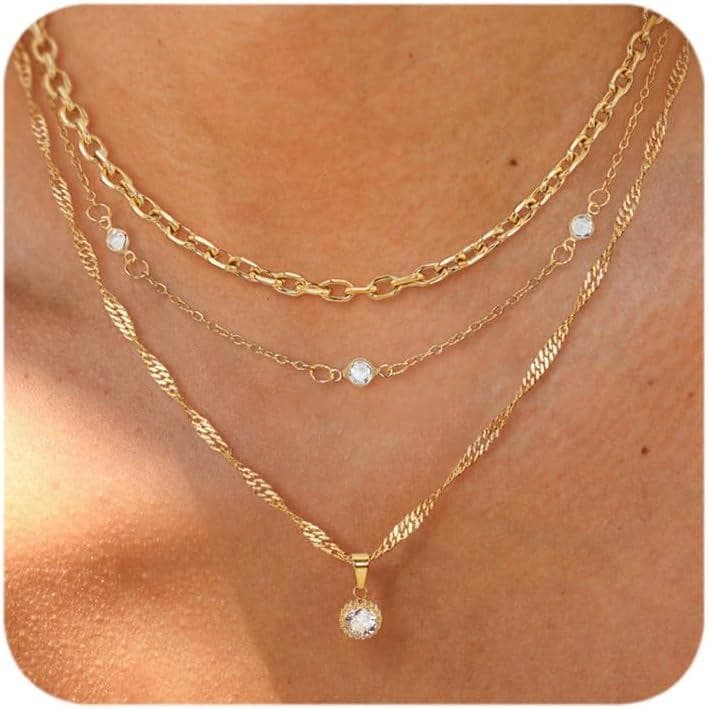 Colar de Prata Esterlina Dourado, Colares em Camadas para Mulheres e Meninas, Colar com Pingente Delicado de Diamante CZ