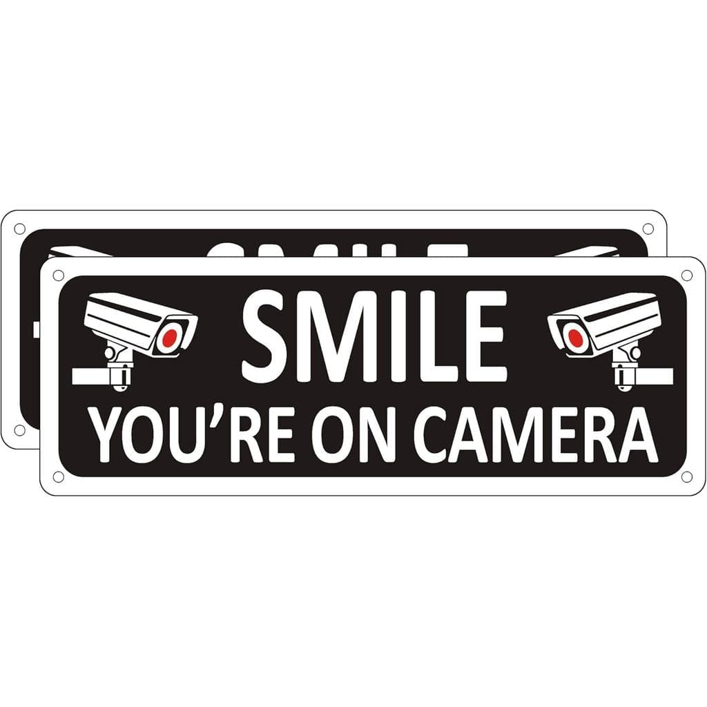Bagstar (2 Pack) Heavy-duty Metal Smile You're on Camera Sign, 10" x 3.5" Aluminum Video Surveillance Sign, Camera Warni