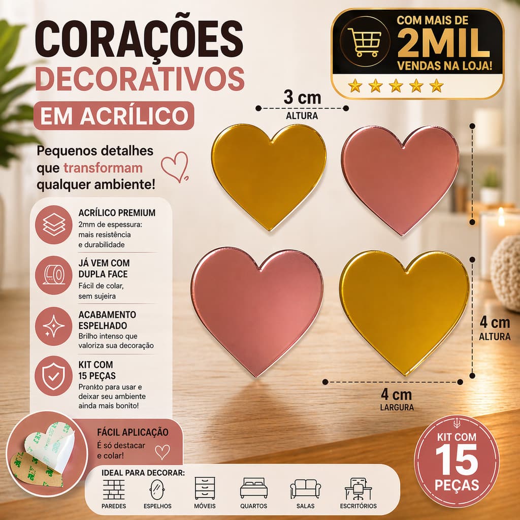 Aplique coração artesanato Dia das Mães em acrílico espelhado de 3cm e 4cm tag com dupla face