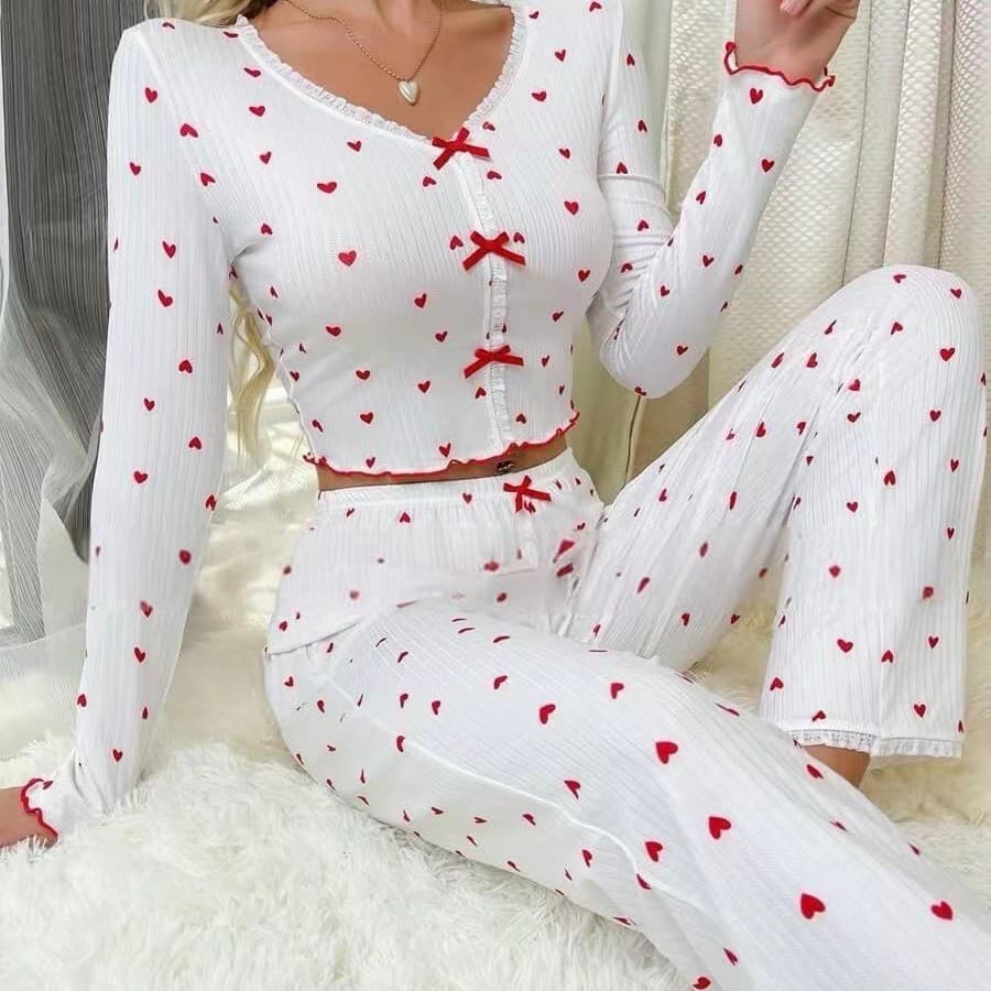 Loungewear de venda quente transfronteiriço Curling coração com decote em V pijama de manga comprida feminino pode usar
