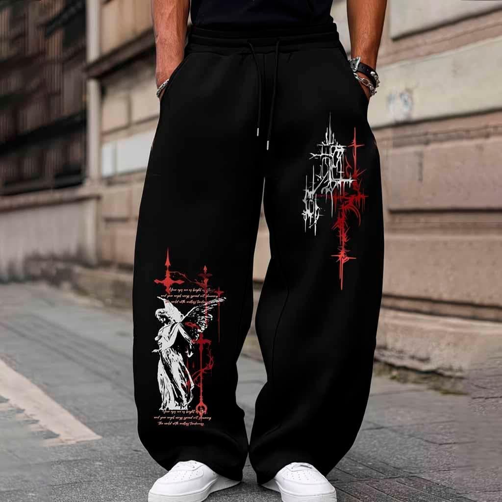 Calça Wide Leg Moletom Unissex Anjo Rasbiscos Cruz Oversized Moda Y2k Premium Baggy Estilosa