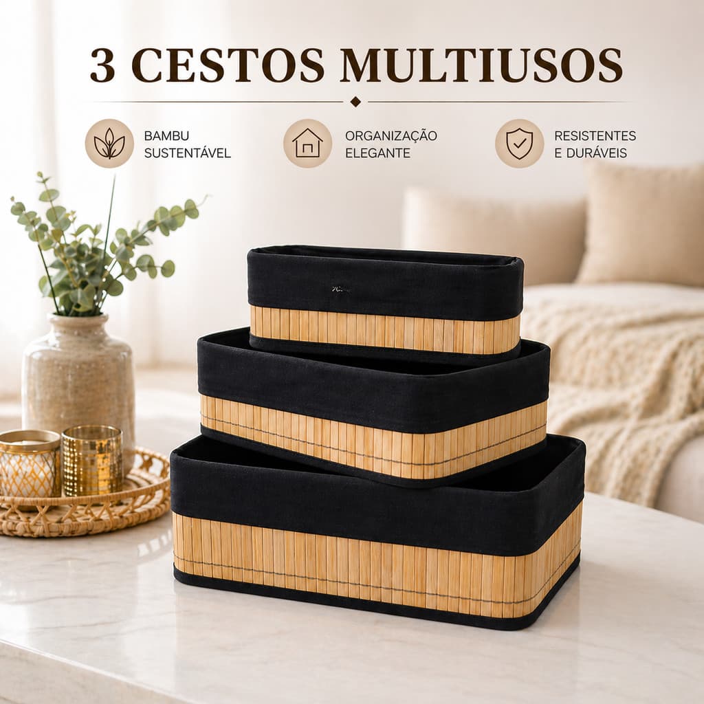 Cestos Organizadores de Bambu Multiuso Retangular com Forro Preto Banheiro Lavanderia Decoração Cosmeticos