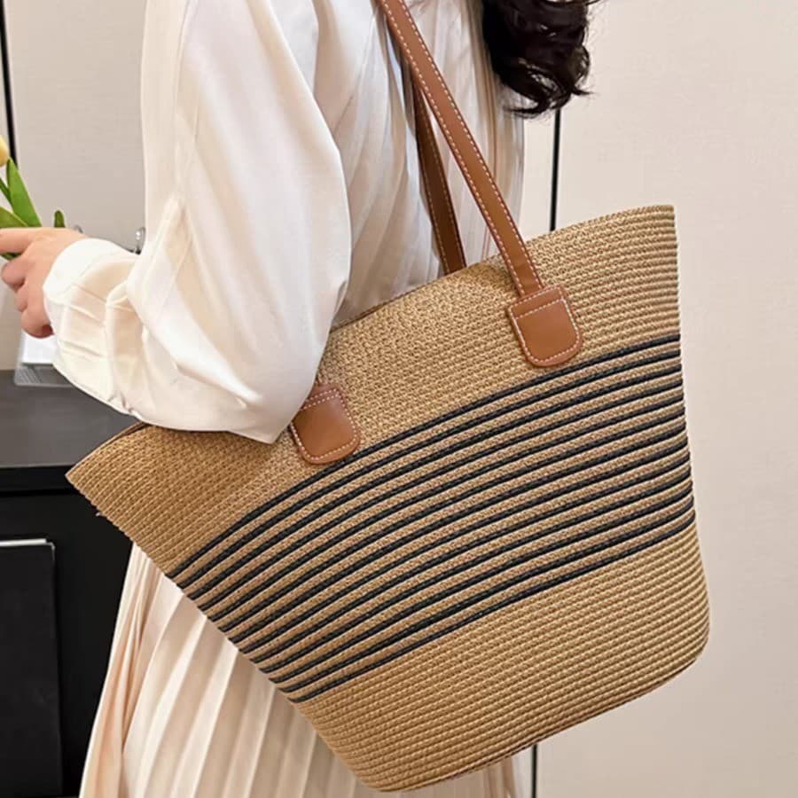 Saco de palha feminino grande capacidade 2026 novo estilo férias praia saco de palha tecido balde saco cesta vegetal bei