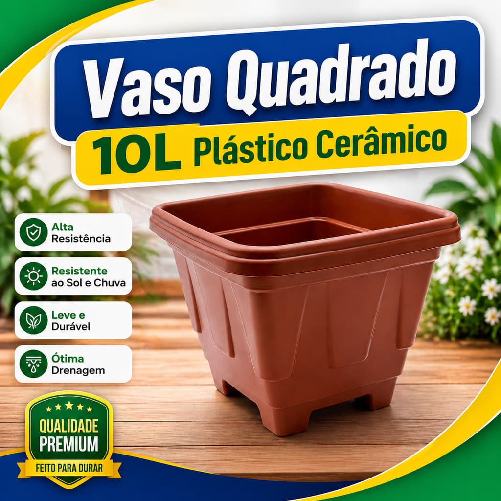 Vaso Quadrado 10L Plástico Cerâmico Resistente Jardim Plantas Flores Horta Decorativo Reforçado