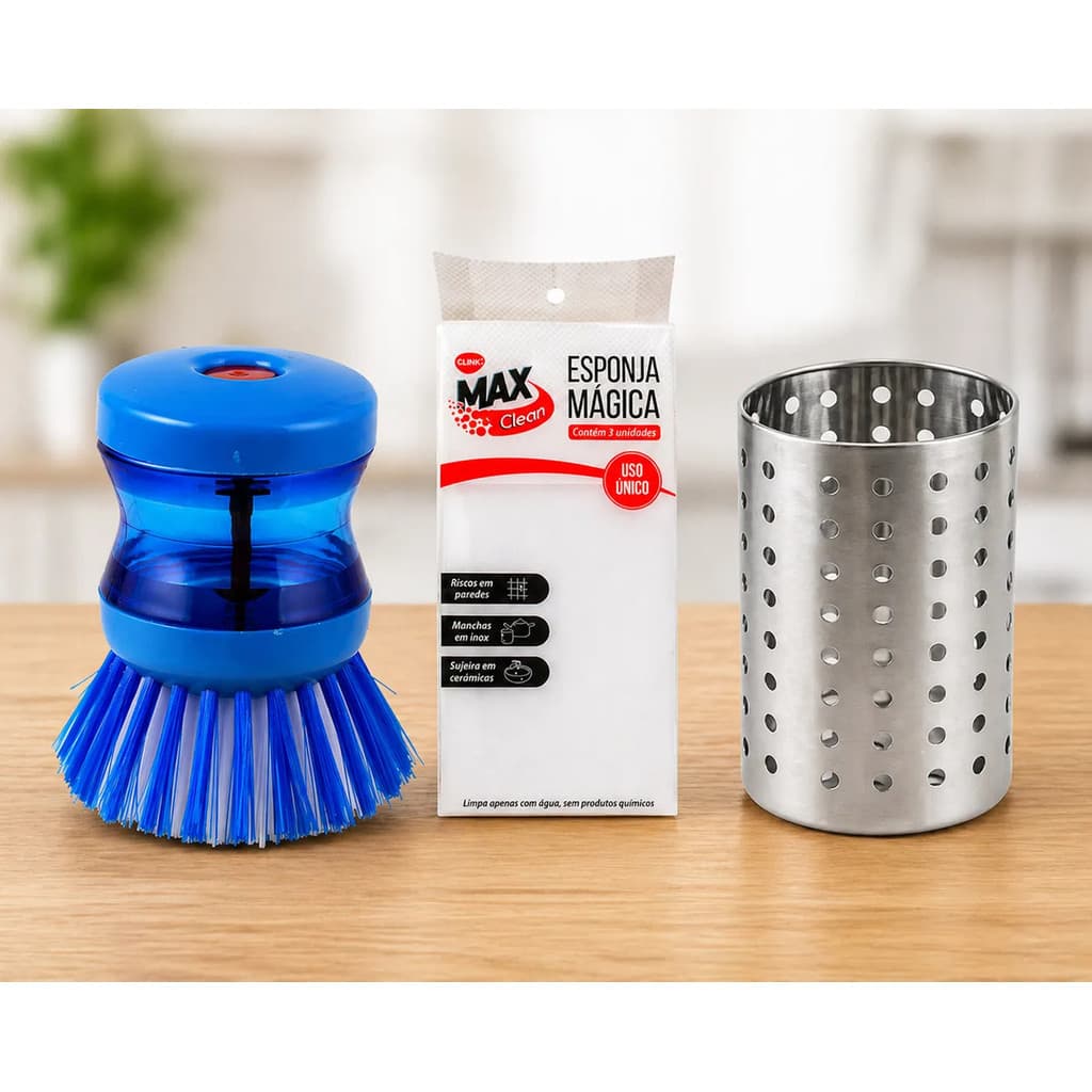 Kit Cozinha Escova C/ Dispenser Porta Talher Esponja Mágica