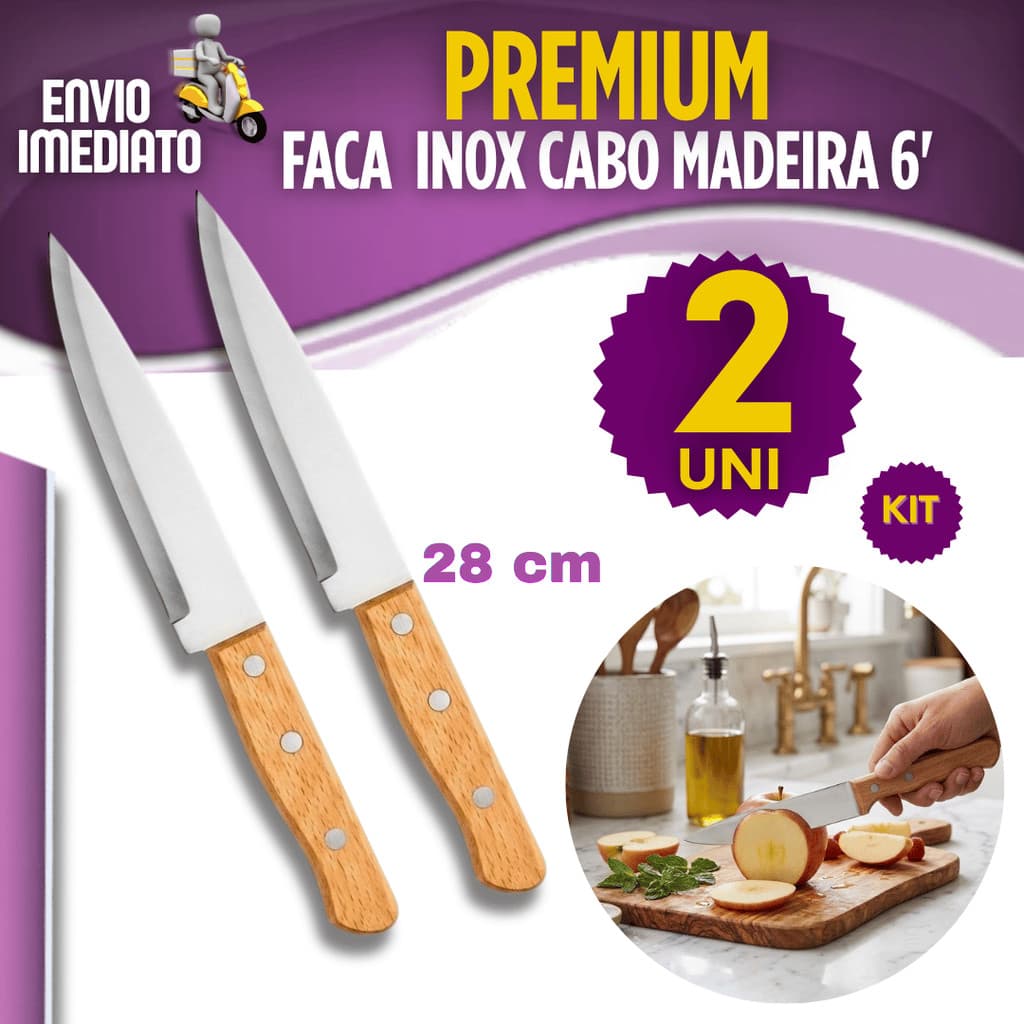 Faca de Corte 1/2 Peças Cozinha Inox Carne Frutas Legumes Churrasco Peixeira Cabo de Madeira 28 cm