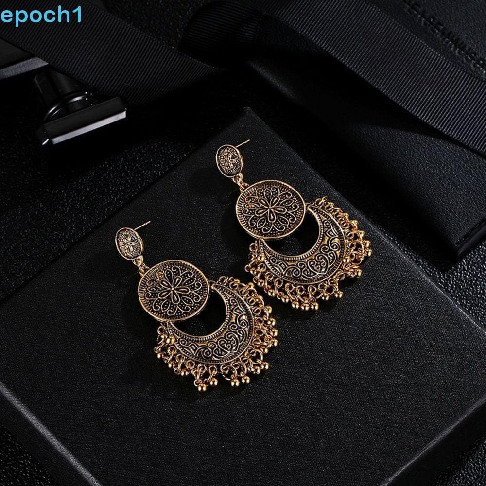 EPOCH1 Brincos De Gota Indiano Étnico Esculpido Flor Oco Crescente Boho Jóias Pequenos Sinos