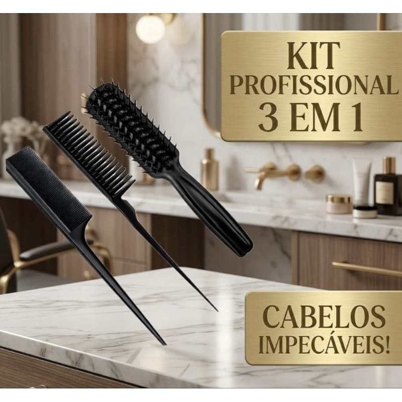 Kit Mariana com Escova para Cabelo Pente Fino Escova Jacaré e Pente Três Fileiras Profissional Cores Sortidas