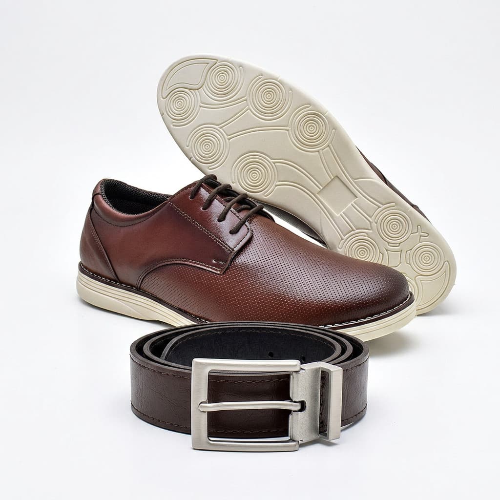 Kit Sapato Oxford Masculino Caramelo Casual Cinto Dupla Face Giolo