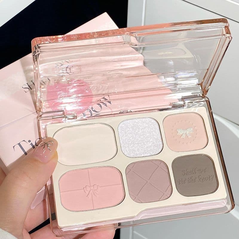 Paleta de sombras de seis cores com laço baixo saturado perolado fosco cinza rosa terra cor alto brilho Blush Pseudo-Mat