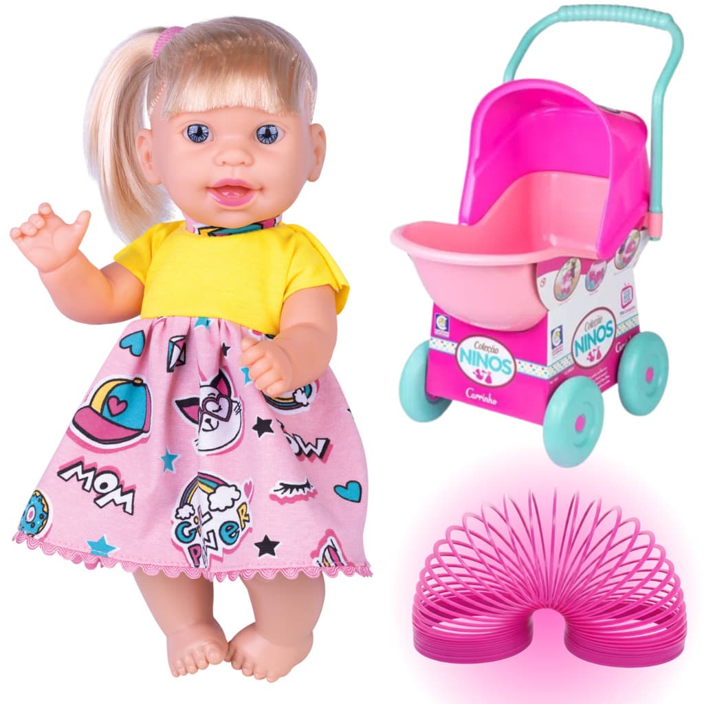 Carrinho de Boneca Reborn Plastico Deitado Ninos + Boneca com Cabelo e Vestido + Mola Maluca